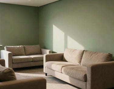 A minimalist corporate collaborative zone with warm natural lighting, green walls, soft comfortable sofas, showing a clean design dedicated to mental wellness and decompression.