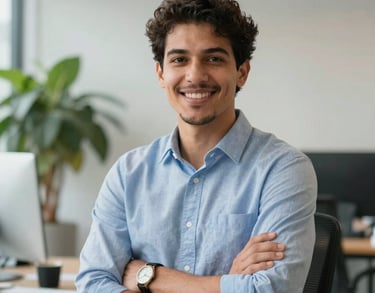 A professional portrait of a male Brazilian data analyst and HR consultant in a clean, modern, well-lit office with plants. Sharp focus, friendly and authoritative expression.