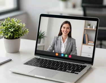 A high-end clean photograph of a modern online session layout: a high-quality laptop displaying a virtual video call with a smiling psychologist, placed on a tidy desk with a small plant, corporate office background.
