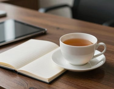 A detailed photograph of a professional office desk where a tea cup sits next to a notepad and tablet, expressing a calm workspace designed to reduce stress and anxiety, soft professional depth of field.