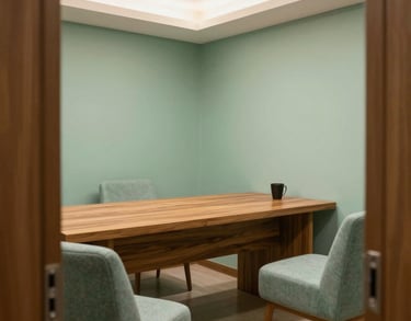 An inviting photograph of a cozy, private corporate consultation booth or small modern office in Brazil. Comfortable seating, natural wooden desk, warm light, mint green details, highly professional and safe environment.