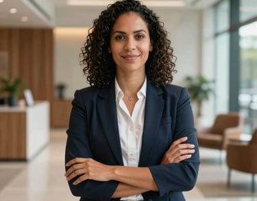 A corporate portrait of a welcoming Brazilian mental health professional standing inside a modern corporate office lobby. Confident look, soft natural light, warm and professional vibe.