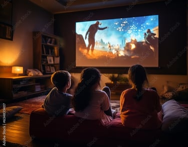 three children sitting on a couch watching a movie