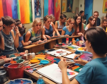 a group of people sitting at a table with paint and brushes