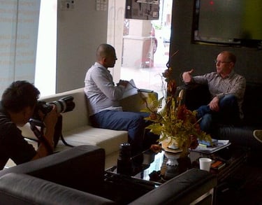 author rob hamilton getting photographed and interviewed