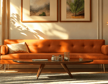 Mid-century modern living room with an orange sofa, stylish wooden furniture, and warm ambient lighting, creating a cosy and