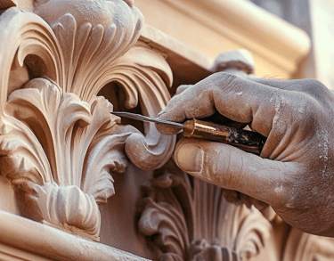 Close-up of a craftsman meticulously carving intricate details into antique furniture, showcasing expert craftsmanship and de