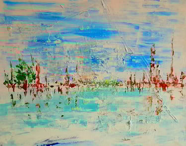 Peinture abstraite acrylique, formes superposées et lignes diffuses d'une ville en transformation