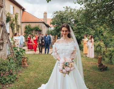 La mariée avance les yeux baissés pendant que ses proches la suivent dans un jardin verdoyant.