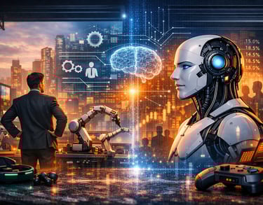 Um robô com inteligência artificial e um empresário analisam dados digitais e redes neurais