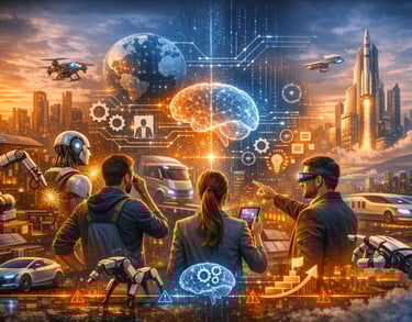  Horizonte futurista da cidade com redes neurais de IA, robótica e tecnologia aeroespacial 