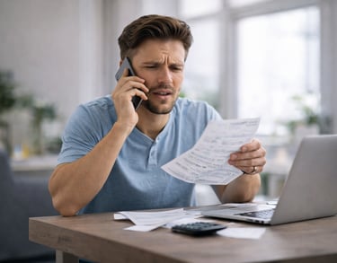frustrated man sitting at home, looking at bills and insurance documents while talking on the phone.