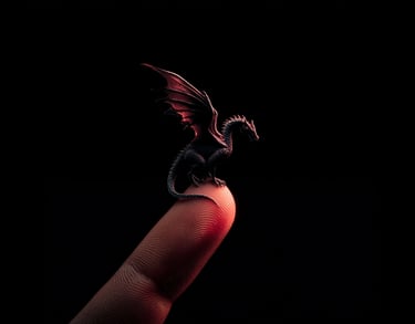 A miniature dragon perched delicately on a human finger, illuminated by dramatic lighting against a solid black background