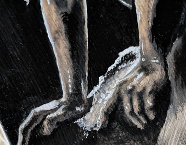detalle de óleo original en venta de elperrolatinta, pintura figurativa en negro con claroscuro y estilo propio
