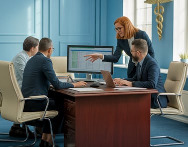 Equipe contábil em reunião analisando planilhas no computador