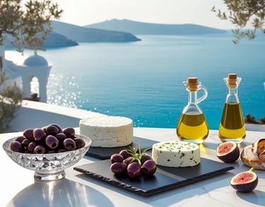 Gedeckter Tisch mit griechischer Feinkost und Olivenöl, Meer im Hintergrund – mediterraner Genuss