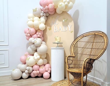 Butterfly themed Oh Baby balloon backdrop rental 