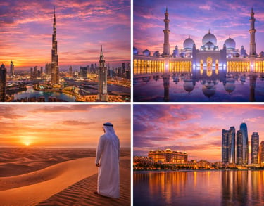 This image shows a stunning collage of the UAE featuring the Burj Khalifa skyline, Sheikh Zayed Gran