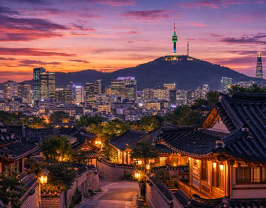 The image shows a beautiful sunset view of Seoul with traditional hanok houses in the foreground and
