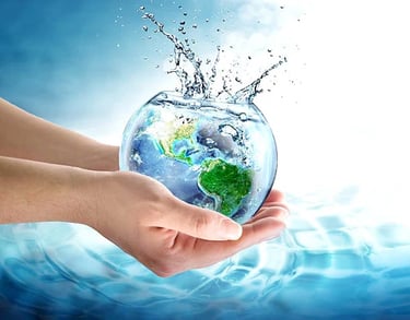 a person holding a fish bowl with water and a globe