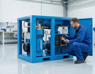 technician performing basic inspection on air compressor including power and air filter check