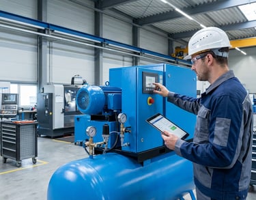 engineer inspecting industrial screw air compressor system before purchase