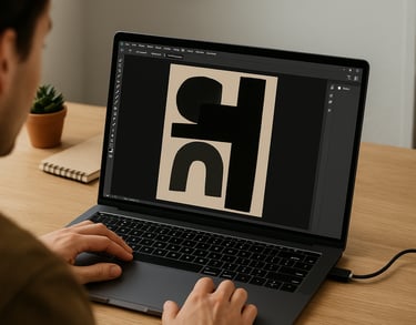 a man sitting at a desk editing digital art on his laptop 