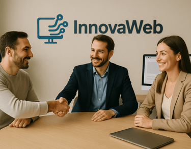 a man and woman shaking hands in a meeting room