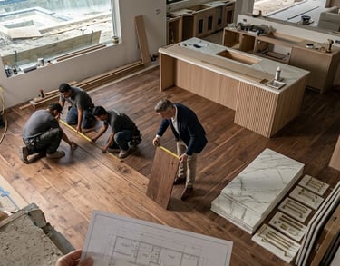 Contractors and interior designer measuring walnut hardwood flooring during a modern kitchen renovation.