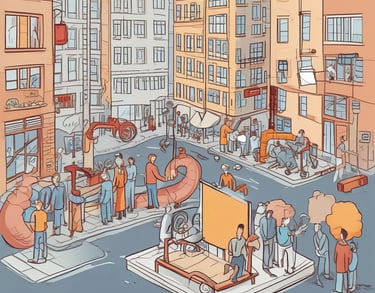 a man riding a skateboard down a street next to tall buildings