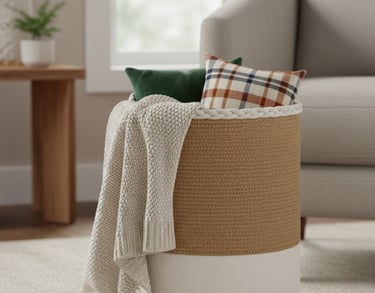 a basket with a blanket on top of a couch
