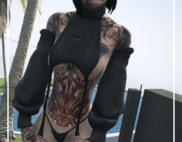 a woman with tattoos on her body and a bodysuit