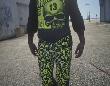 a man in a black shirt and green pants