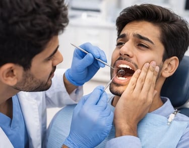 Dentist examining a patient to identify cause of toothache