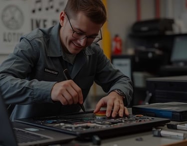 a man in a military uniform is working on a laptop