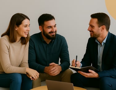 Casal recebendo consultoria de especialista da Élan Digital sobre soluções web