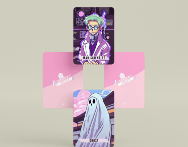 a set of four Shroud & Shuffle cards, two face down, and Mad Scientist and Ghost face up.
