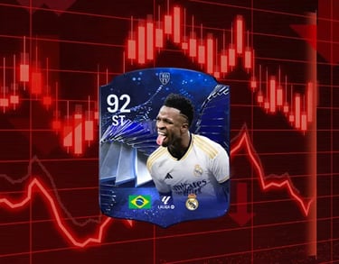 carta di vinicius su ea sports fc con sfondo mercato in rosso