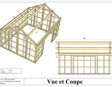 Plan abri de jardin PDF avec vue 3D dimensions et détails de construction