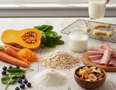 Ingredienti naturali Pappa & Coccole® come carote, zucca e farina, disposti su un tavolo di legno