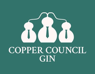 Copper Council stacked logo. Outlines of three stills with ties, with the text "Copper Council Gin" beneath.