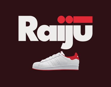 Raiju brand logo on dark red background with a white shoe underneath