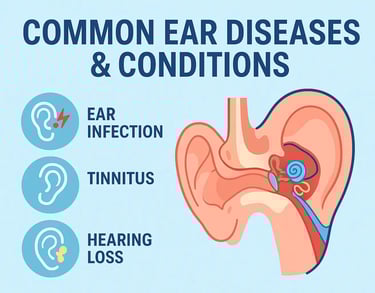 Common ear diseases and conditions including otitis media, tinnitus, hearing loss