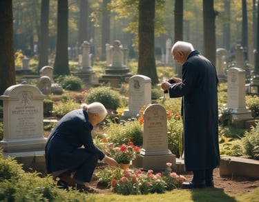 in einem waldfriedhof. zwei alte menschen gießen ein grab auf dem friedhof das grab hat viele blumen