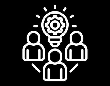 An icon of three people with a lightbulb above, signifying teamwork and innovative solutions.