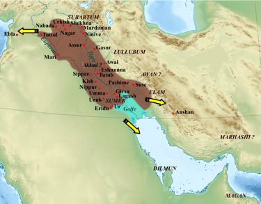 Map of the Akkadian Empire (brown) and the directions in which military campaigns were conducted (ye