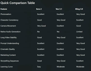 Sora 2, Veo 3.1, and Kling 3.0 Compared