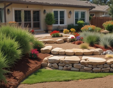 a house with a stone wall and landscaping