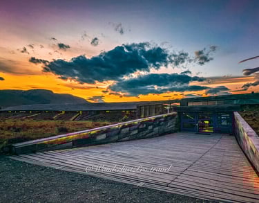 Tierra Patagonia Hotel entrance at sunset 