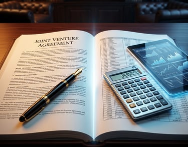 Joint venture agreement drafting and financial tax analysis at Harsh Malik Law Offices.
